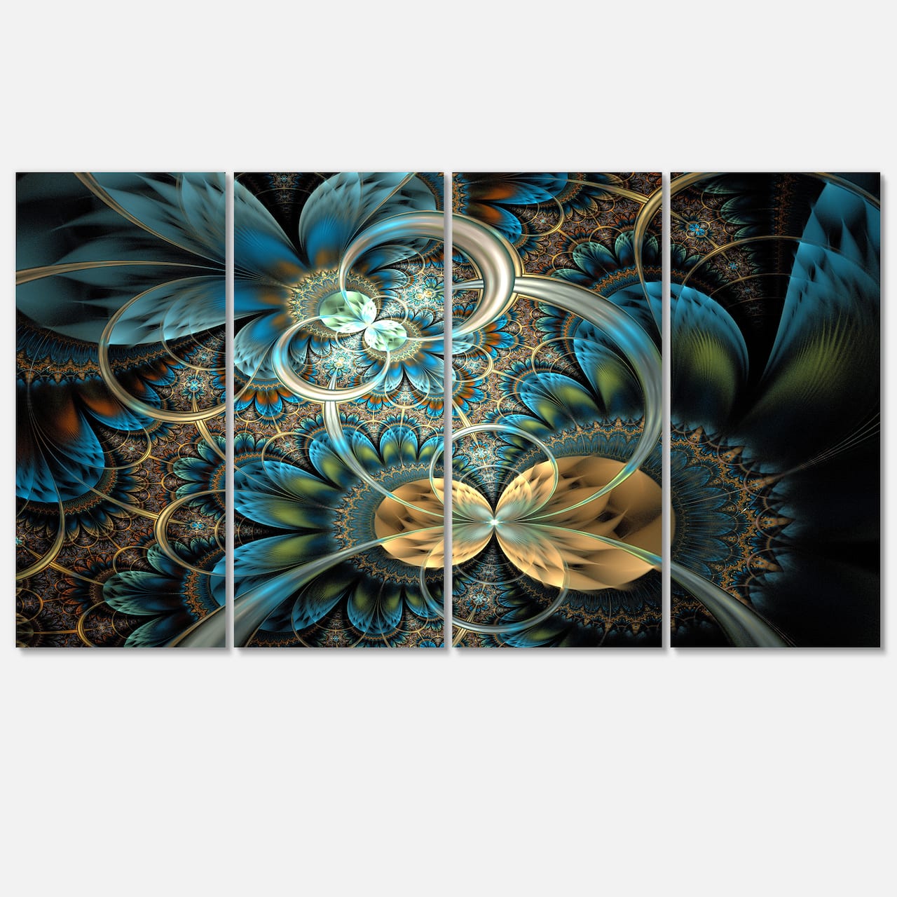 Designart - Symmetrical Blue Gold Fractal Flower - Abstract Print On Canvas